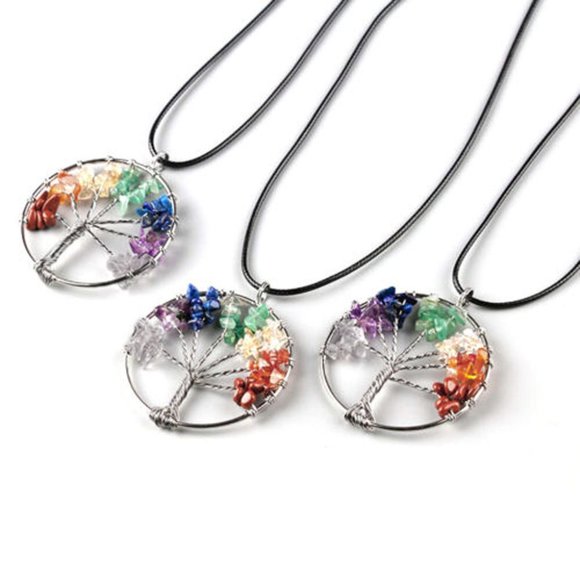 Crystal Quartz Natural Gemstone 7 Chakra Healing Tree of Life Pendant Necklace - Picture 6 of 8